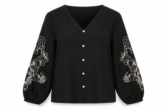 Vero Moda Women Black XL Embroidered Floral Balloon Sleeve Blouse