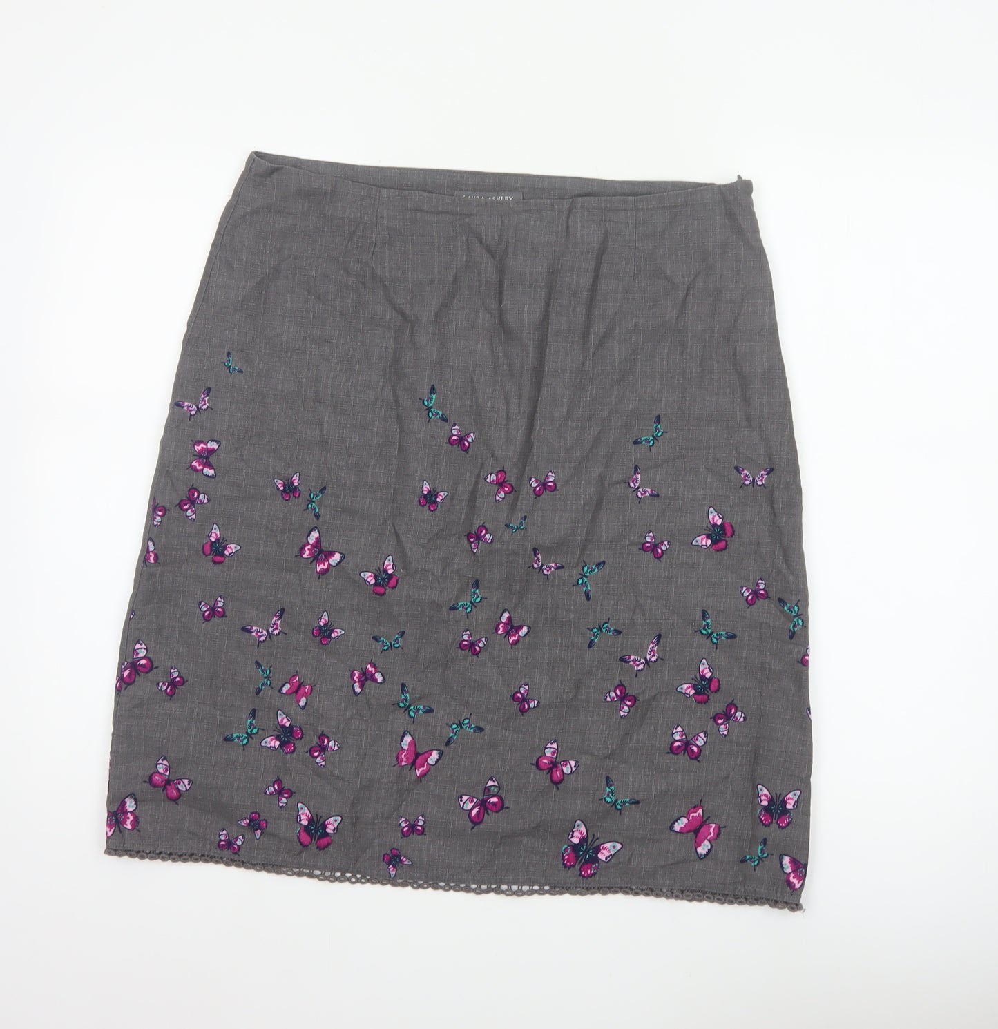 Laura Ashley Women Grey Butterfly Cotton Pencil Skirt UK 14 Lined