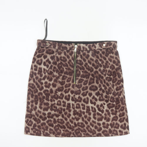 River Island Women Brown Leopard Print Size 10 Mini Pencil Skirt Zip