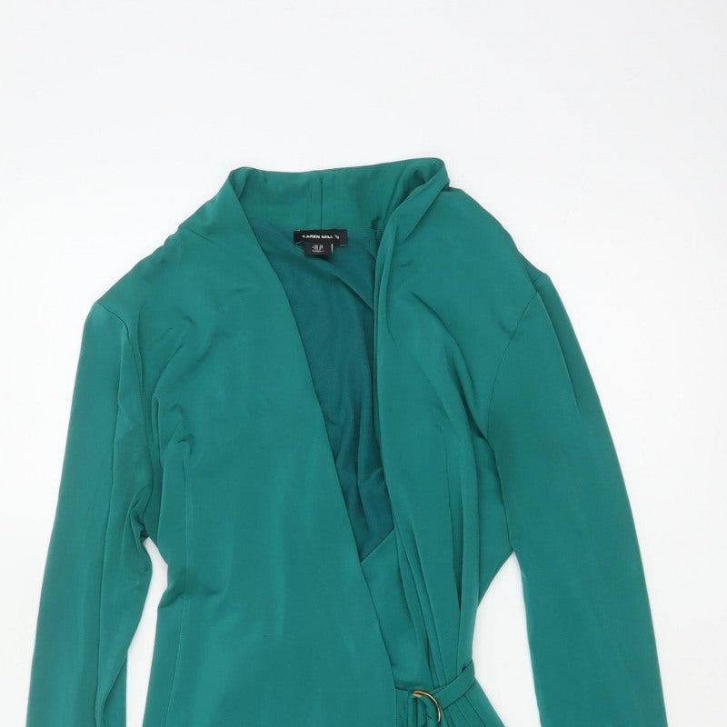 Karen Millen Women Green UK 10 Fit & Flare Belted V-Neck Dress