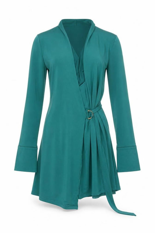 Front view of Karen Millen Women Green UK 10 Fit & Flare Belted V-Neck Dress