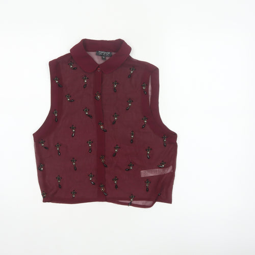 Topshop Women Burgundy UK 8 Sheer Beaded Sleeveless Collared Blouse
