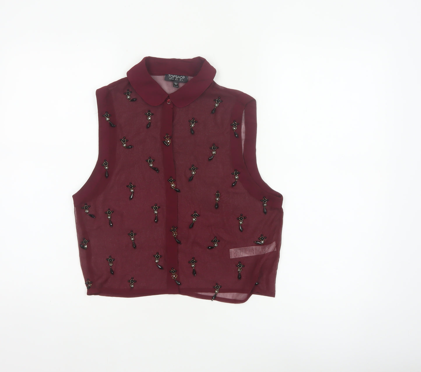 Topshop Women Burgundy UK 8 Sheer Beaded Sleeveless Collared Blouse
