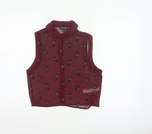 Topshop Women Burgundy UK 8 Sheer Beaded Sleeveless Collared Blouse