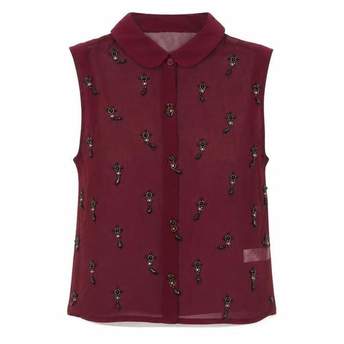 Topshop Women Burgundy UK 8 Sheer Beaded Sleeveless Collared Blouse
