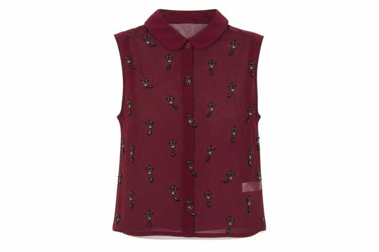 Topshop Women Burgundy UK 8 Sheer Beaded Sleeveless Collared Blouse