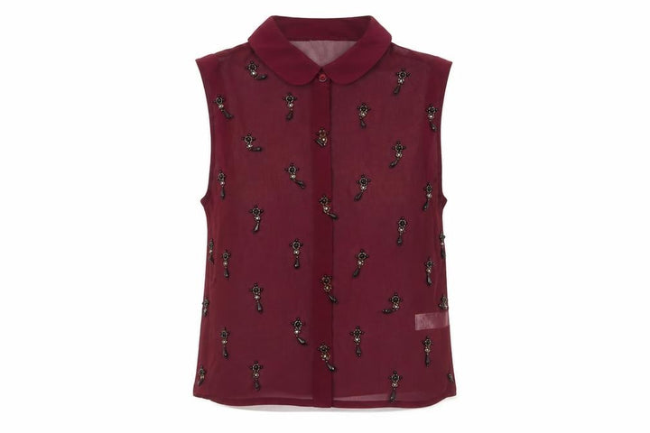 Topshop Women Burgundy UK 8 Sheer Beaded Sleeveless Collared Blouse