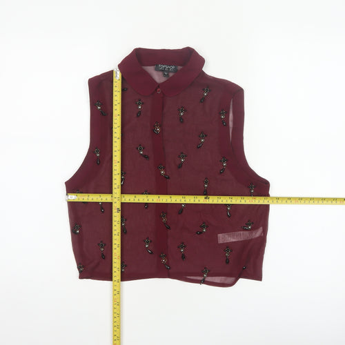 Topshop Women Burgundy UK 8 Sheer Beaded Sleeveless Collared Blouse
