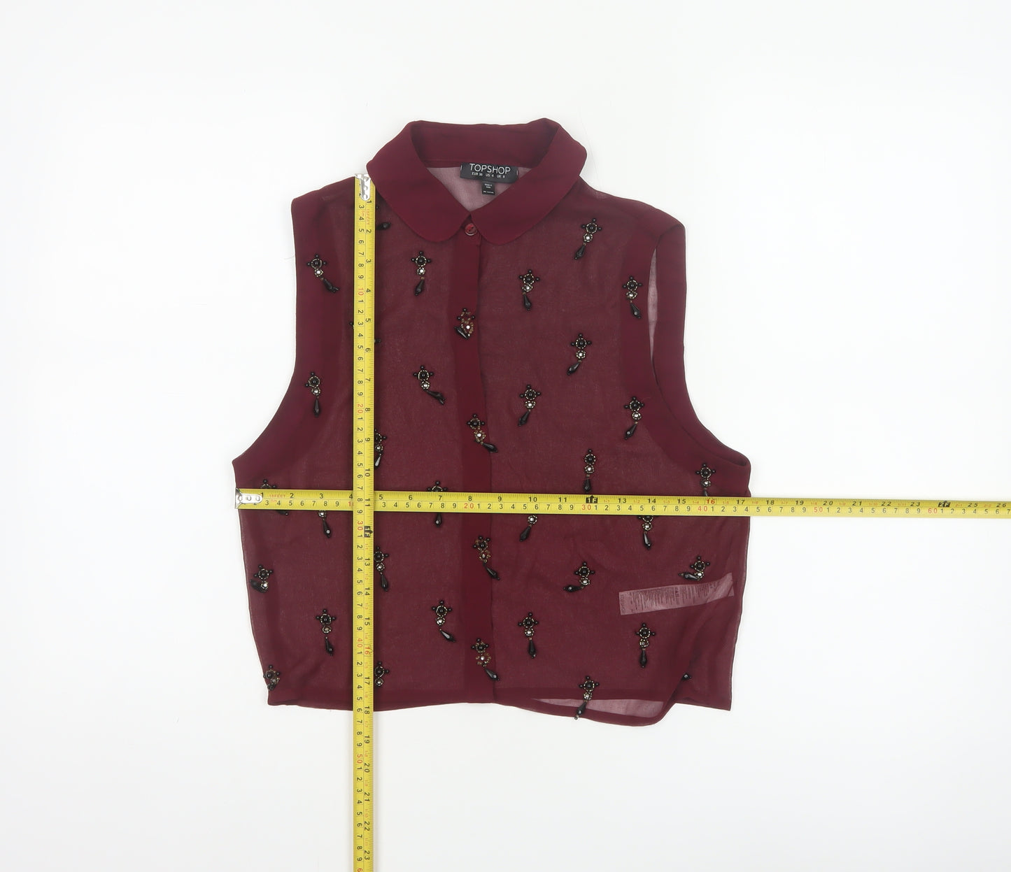Topshop Women Burgundy UK 8 Sheer Beaded Sleeveless Collared Blouse