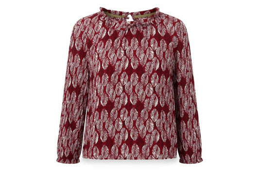 White Stuff Women Red Leaf Print Ruffle Long Sleeve Blouse UK 10