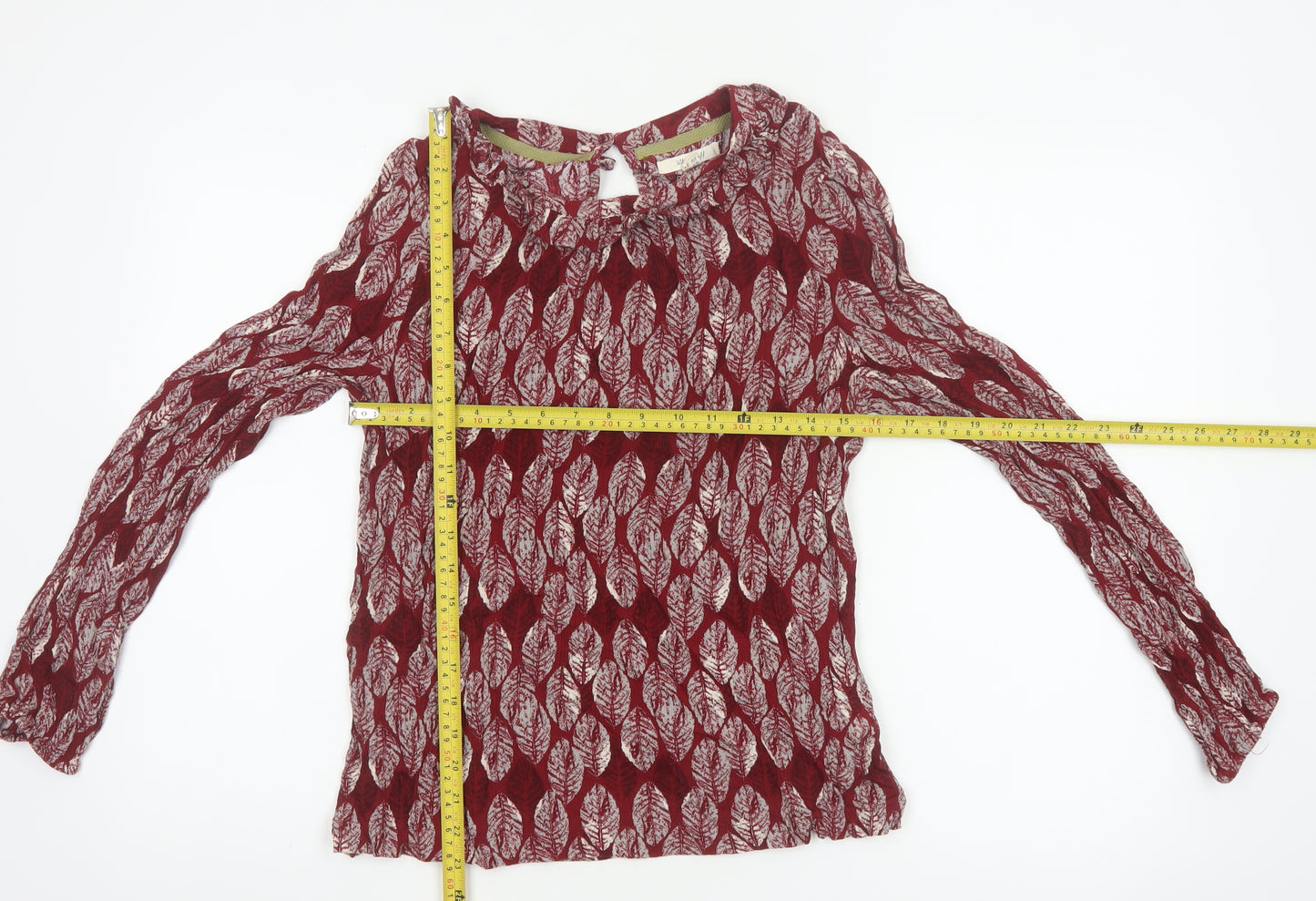 White Stuff Women Red Leaf Print Ruffle Long Sleeve Blouse UK 10
