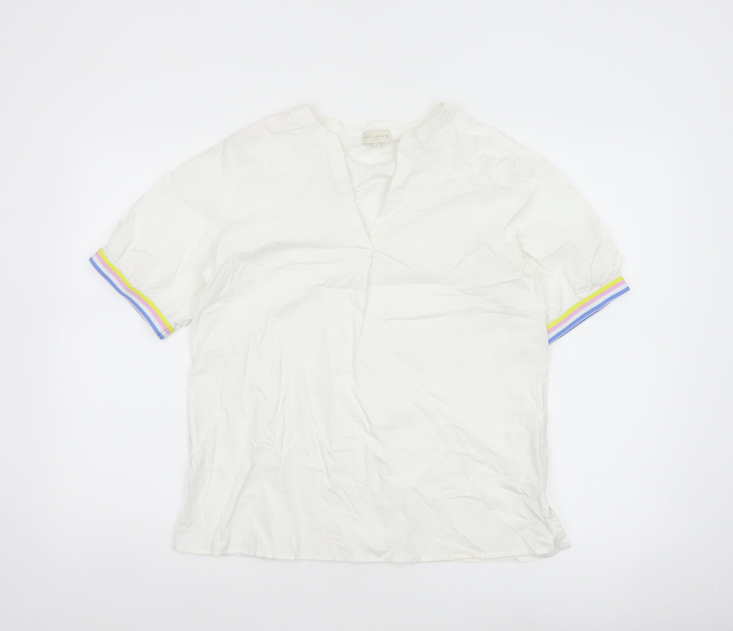 Milano Italy Women White UK 10 V-Neck Cotton Puff Sleeve Blouse