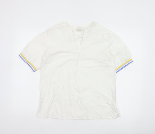 Milano Italy Women White UK 10 V-Neck Cotton Puff Sleeve Blouse