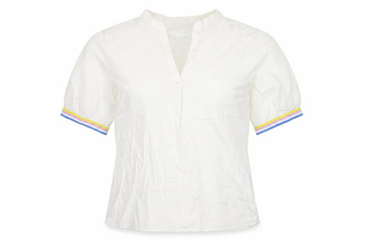 Milano Italy Women White UK 10 V-Neck Cotton Puff Sleeve Blouse
