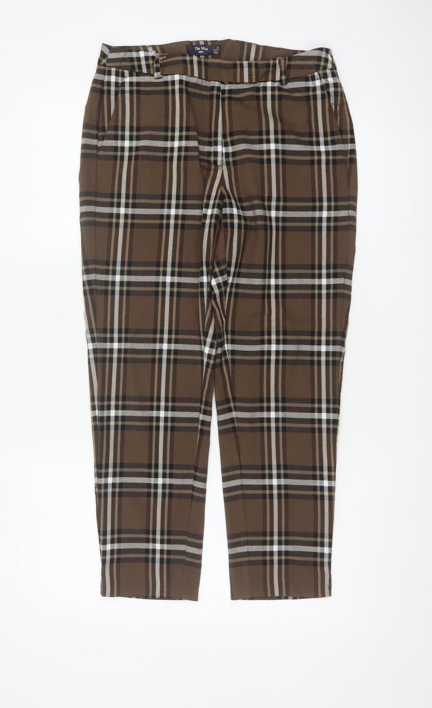 M&S Women Brown Plaid The Mia Slim Tapered Dress Trousers UK 10 Short