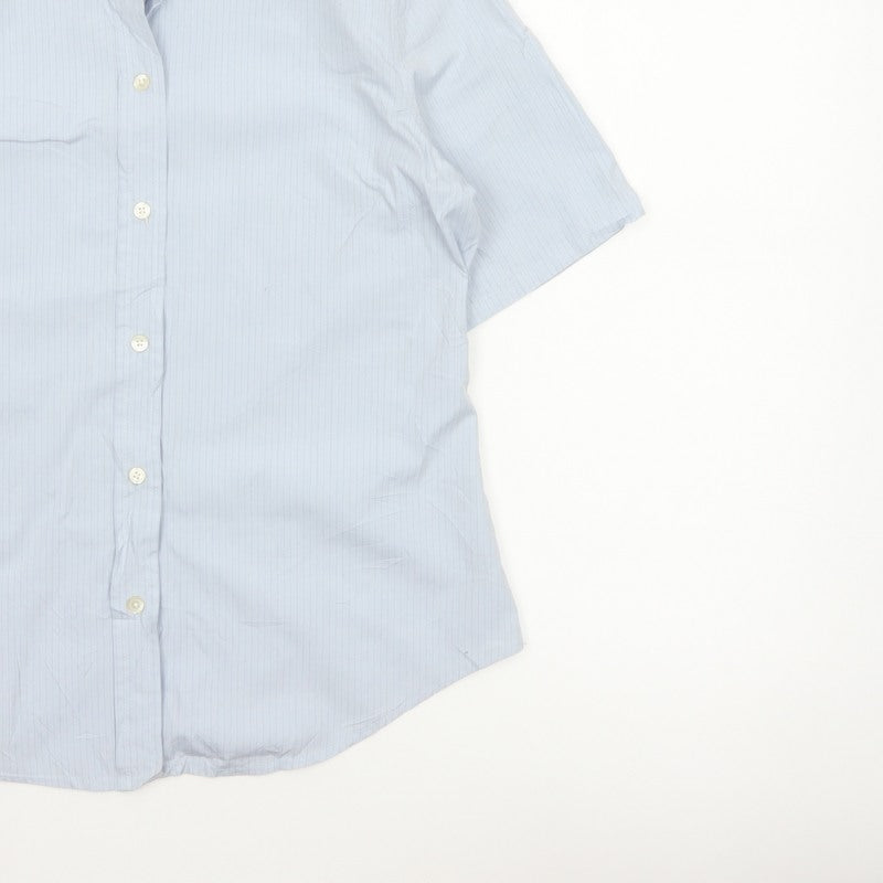 Gap Women Blue Striped M Short Sleeve Collared Button-Up Shirt