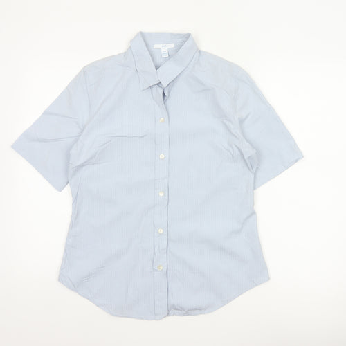 Gap Women Blue Striped M Short Sleeve Collared Button-Up Shirt