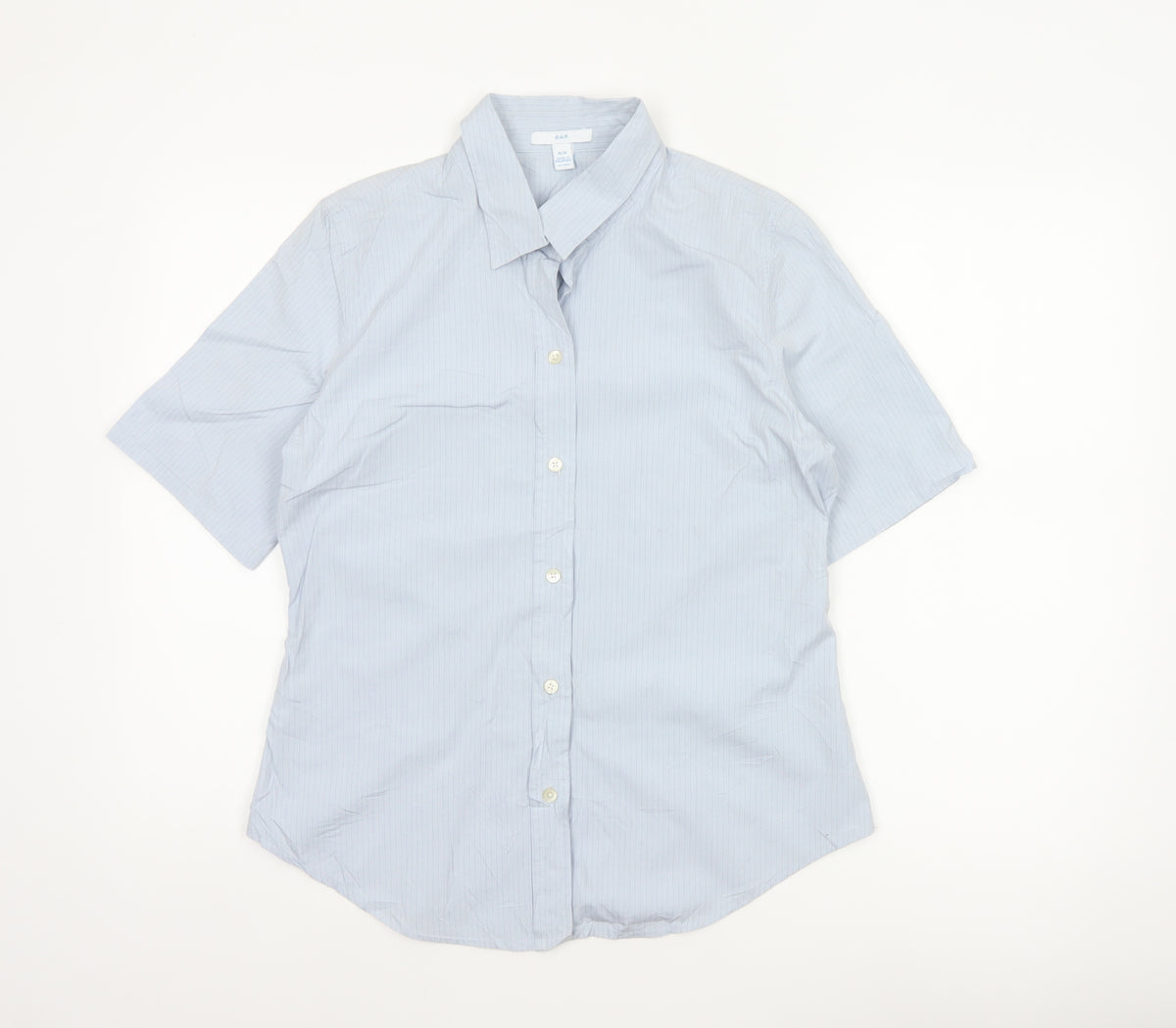 Gap Women Blue Striped M Short Sleeve Collared Button-Up Shirt