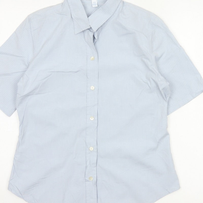 Gap Women Blue Striped M Short Sleeve Collared Button-Up Shirt