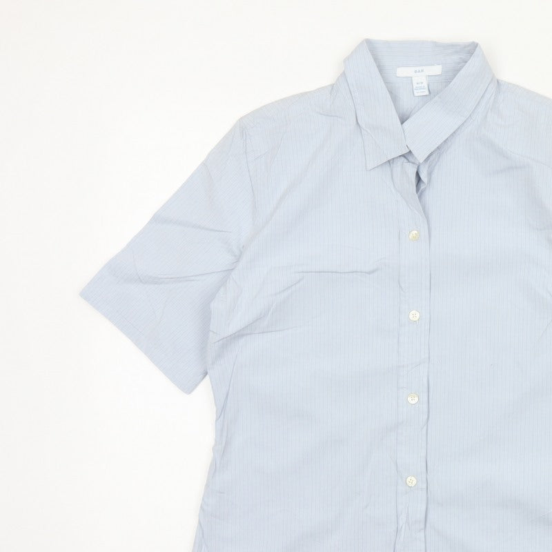 Gap Women Blue Striped M Short Sleeve Collared Button-Up Shirt
