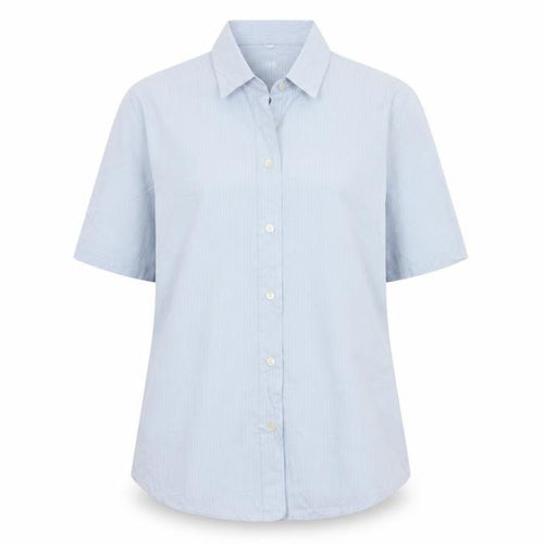 Gap Women Blue Striped M Short Sleeve Collared Button-Up Shirt