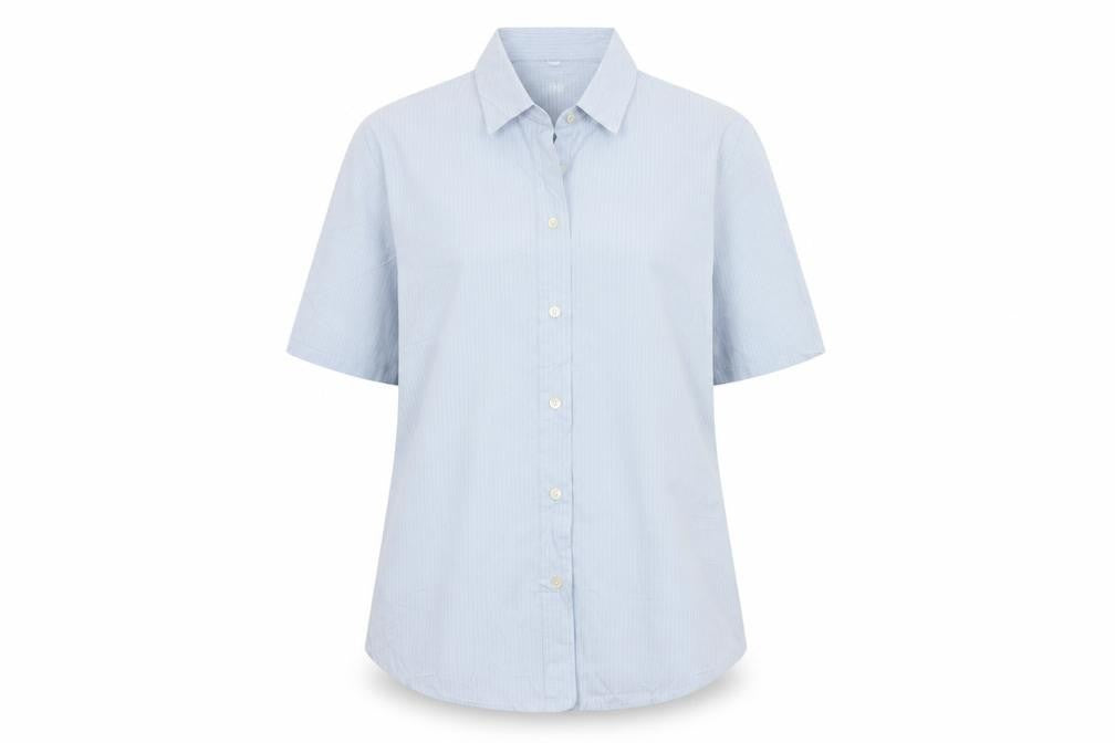 Gap Women Blue Striped M Short Sleeve Collared Button-Up Shirt