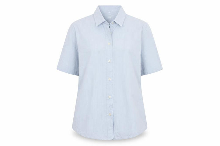 Gap Women Blue Striped M Short Sleeve Collared Button-Up Shirt