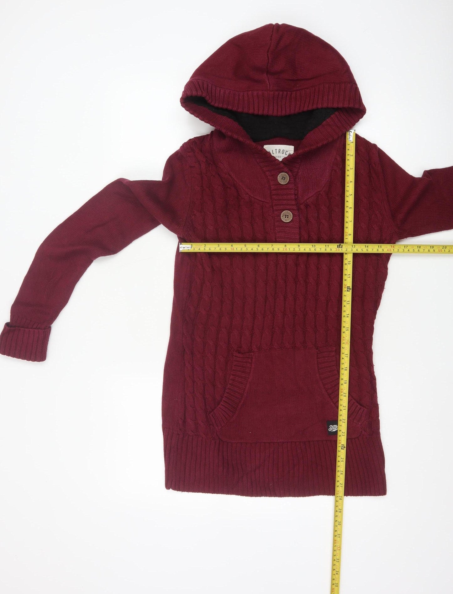 Saltrock Women’s Burgundy Size 12 Hooded Cable Knit Henley Jumper