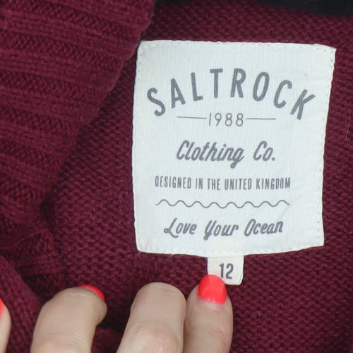 Saltrock Women’s Burgundy Size 12 Hooded Cable Knit Henley Jumper