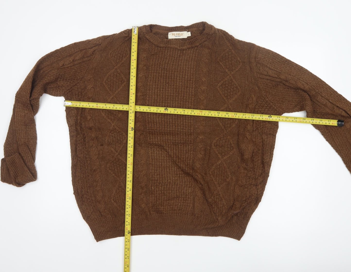 PG Field Heritage Men’s Brown L Cable Knit Crew Neck Pullover Jumper