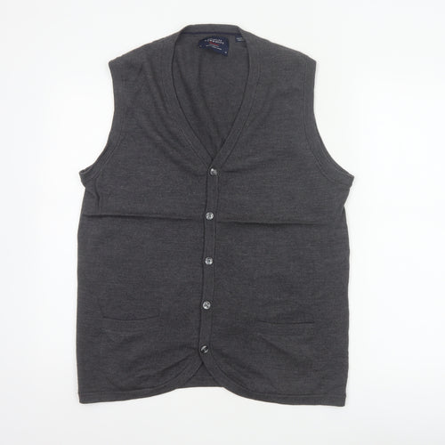 Charles Tyrwhitt Men Grey M Merino Wool Buttoned V-Neck Vest