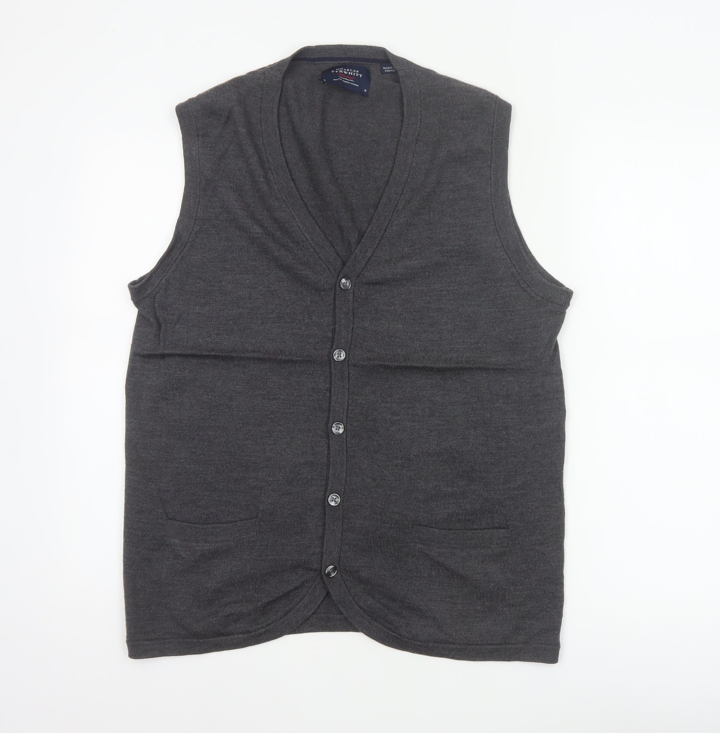 Charles Tyrwhitt Men Grey M Merino Wool Buttoned V-Neck Vest