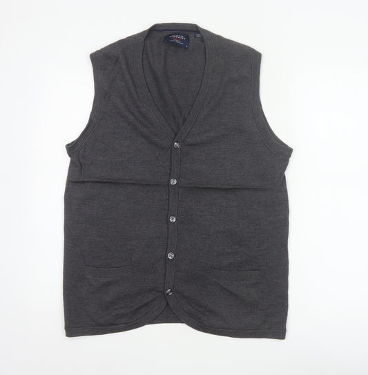 Charles Tyrwhitt Men Grey M Merino Wool Buttoned V-Neck Vest