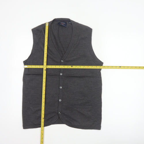 Charles Tyrwhitt Men Grey M Merino Wool Buttoned V-Neck Vest