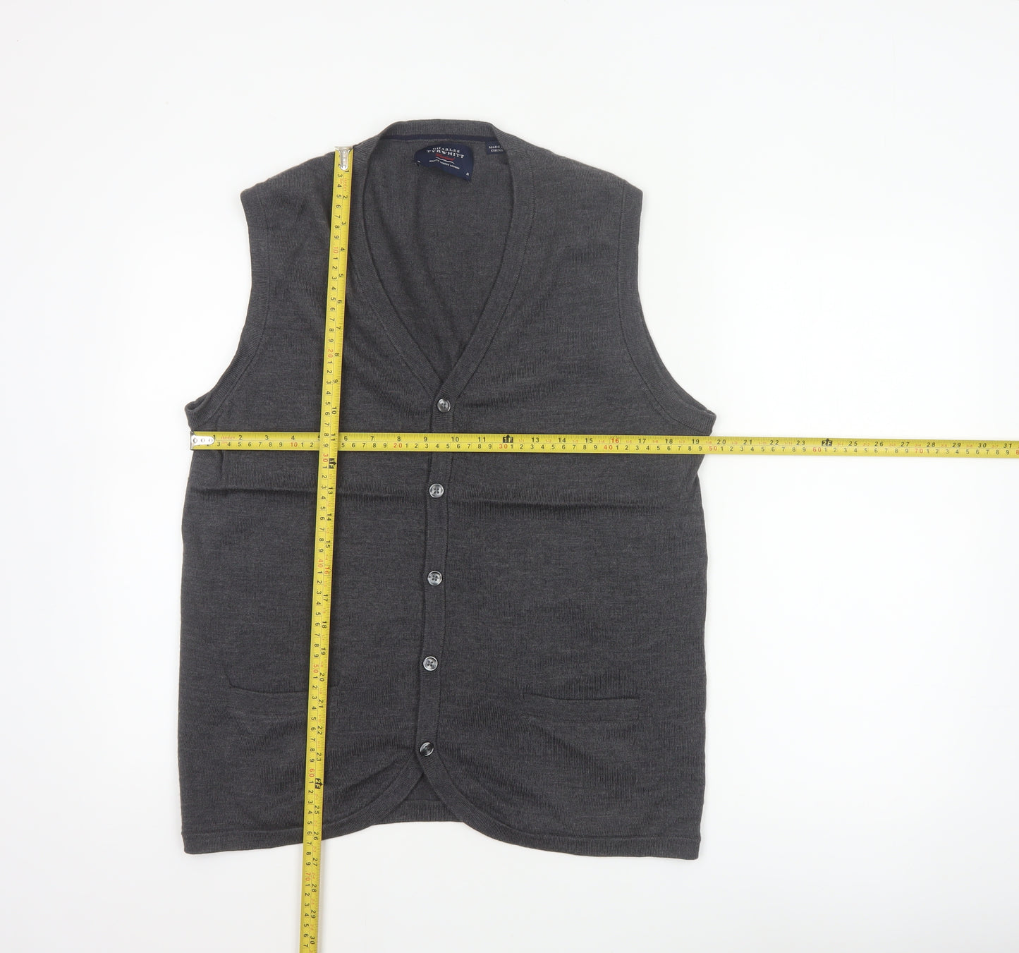 Charles Tyrwhitt Men Grey M Merino Wool Buttoned V-Neck Vest