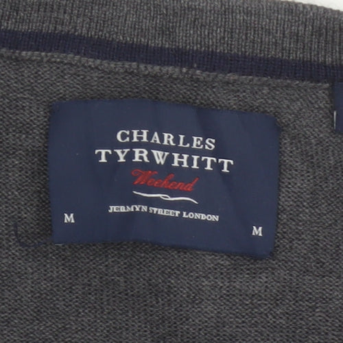 Charles Tyrwhitt Men Grey M Merino Wool Buttoned V-Neck Vest