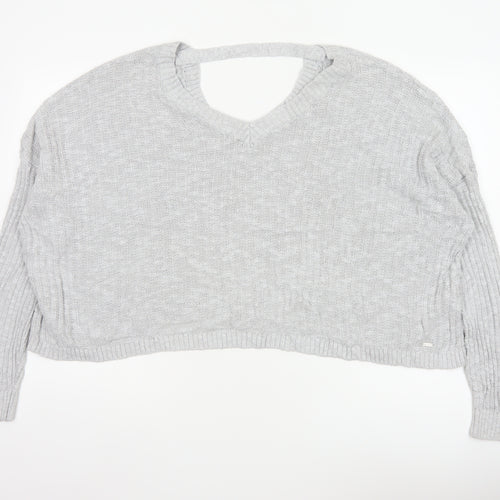 Hollister Women Grey L V-Neck Open Knit Long Sleeve Jumper