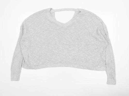 Hollister Women Grey L V-Neck Open Knit Long Sleeve Jumper