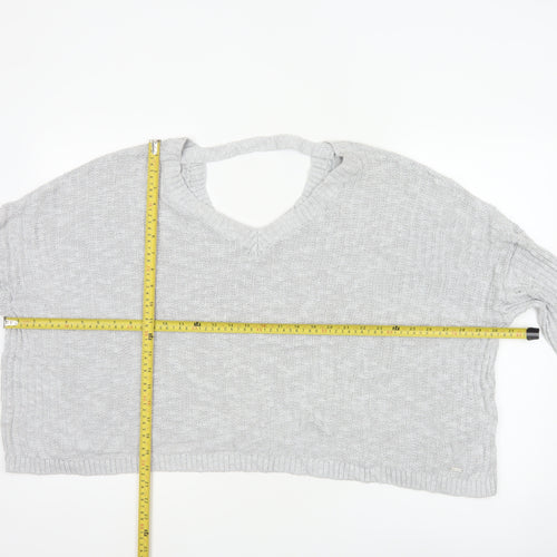 Hollister Women Grey L V-Neck Open Knit Long Sleeve Jumper