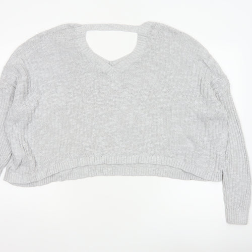 Hollister Women Grey L V-Neck Open Knit Long Sleeve Jumper