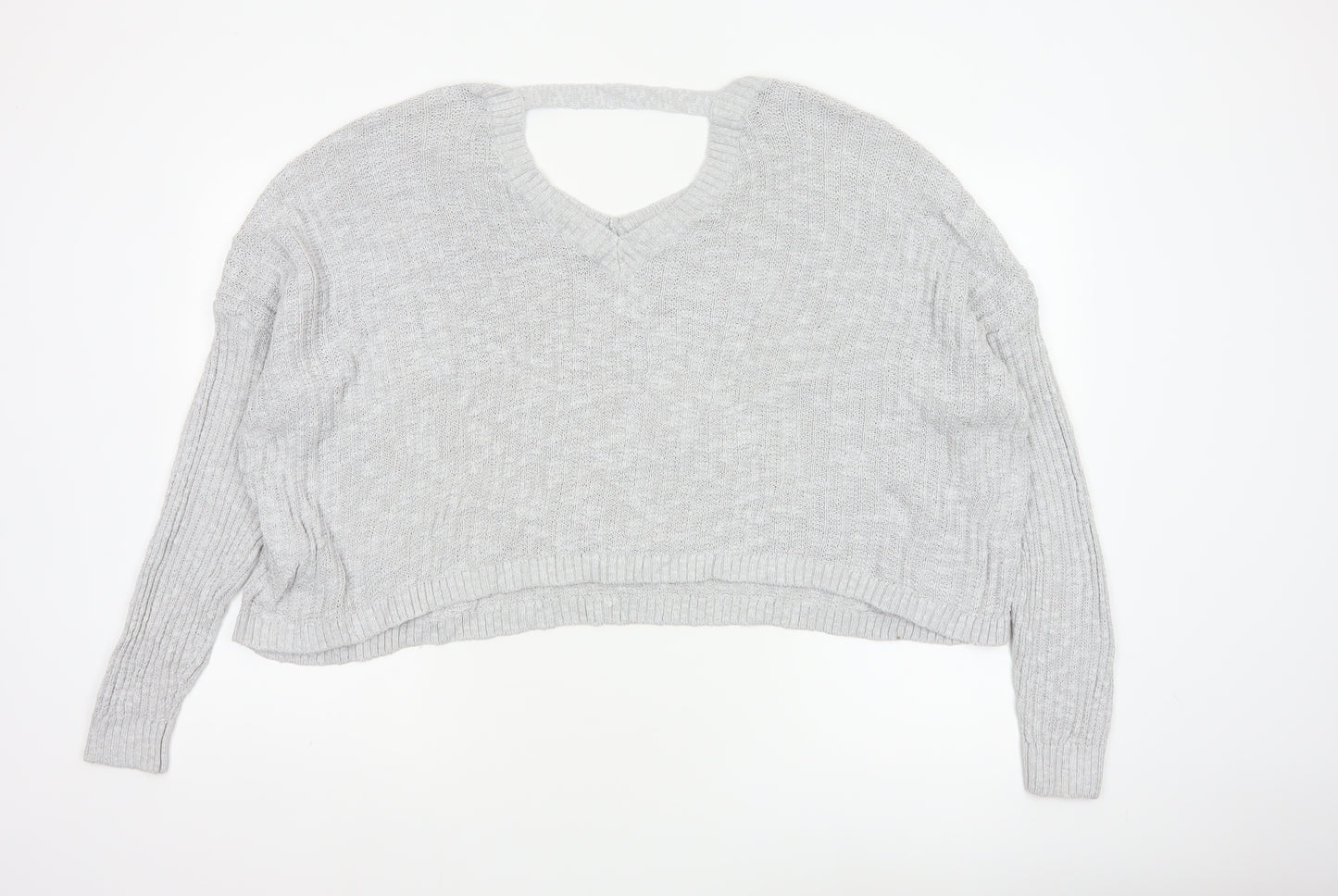 Hollister Women Grey L V-Neck Open Knit Long Sleeve Jumper