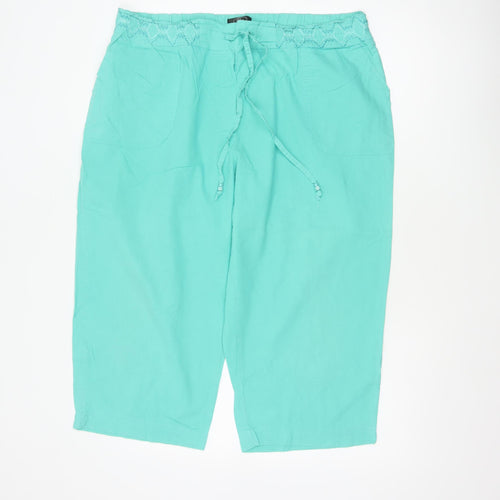 BM Women Green Size 18 Cotton Capri Trousers Elastic Waist Pockets