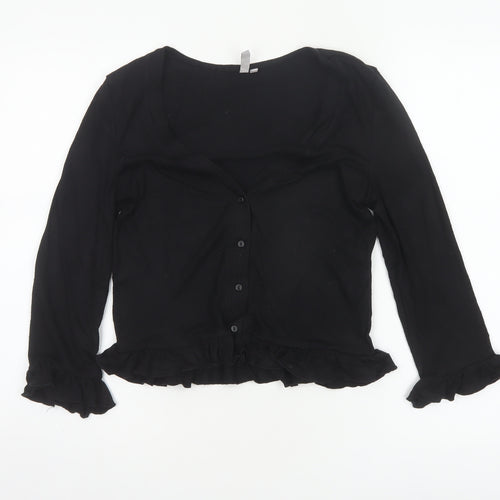 Pieces Women Black XS Ruffle Button Front 3/4 Sleeve Cardigan