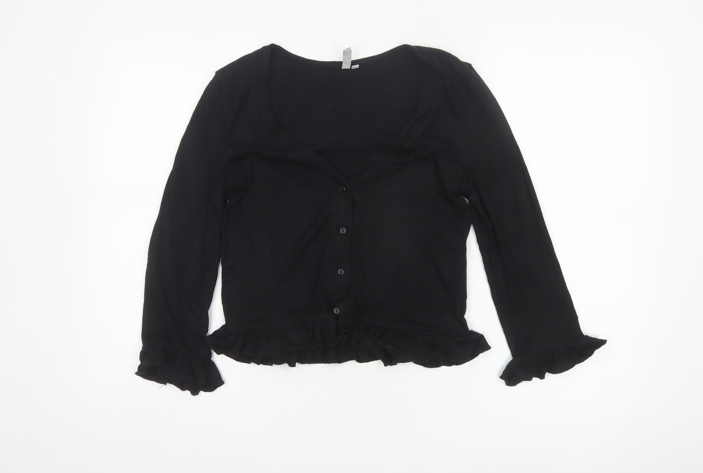 Pieces Women Black XS Ruffle Button Front 3/4 Sleeve Cardigan