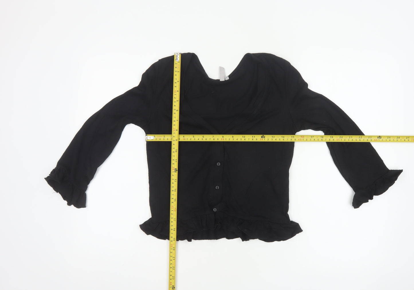 Pieces Women Black XS Ruffle Button Front 3/4 Sleeve Cardigan