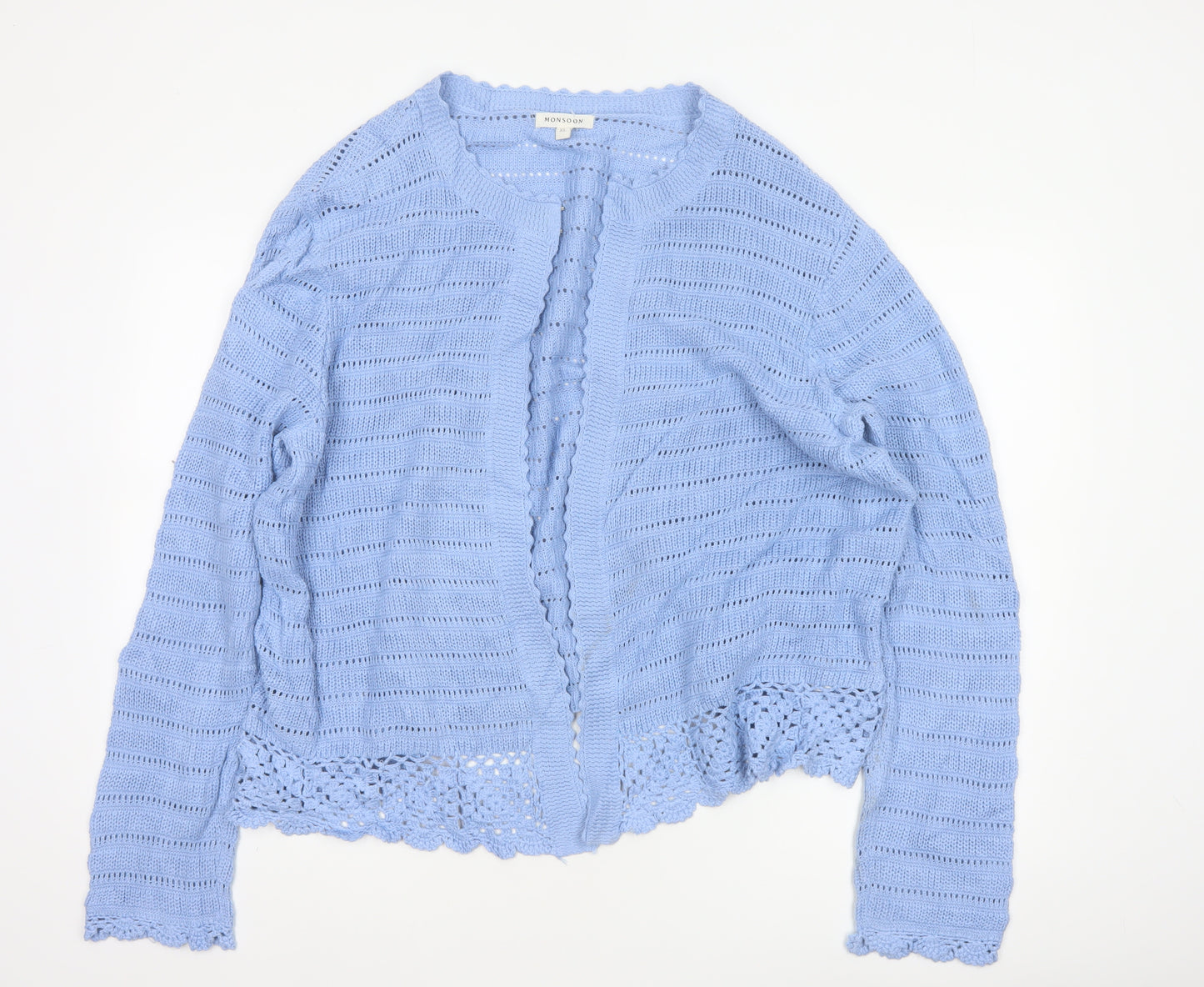 Monsoon Women Blue XL Cotton Open Knit Crochet Cardigan Long Sleeve