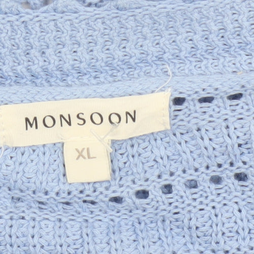 Monsoon Women Blue XL Cotton Open Knit Crochet Cardigan Long Sleeve