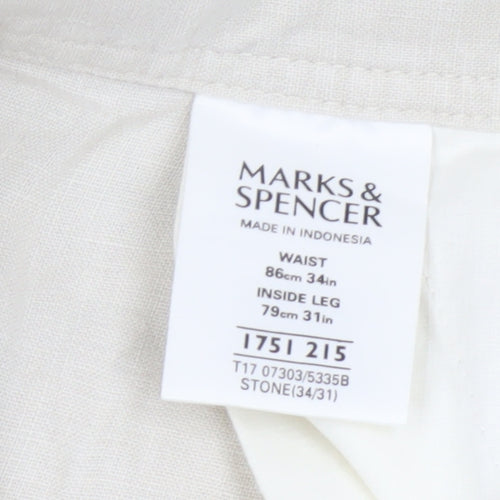 Marks and Spencer Men’s Beige Linen Blend Drawstring Trousers W34 L31