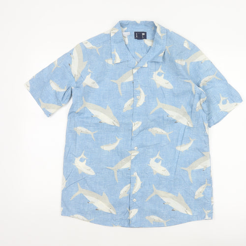 Lands' End Women's Blue Shark Print Button-Up Shirt UK 20 Short Sleeve