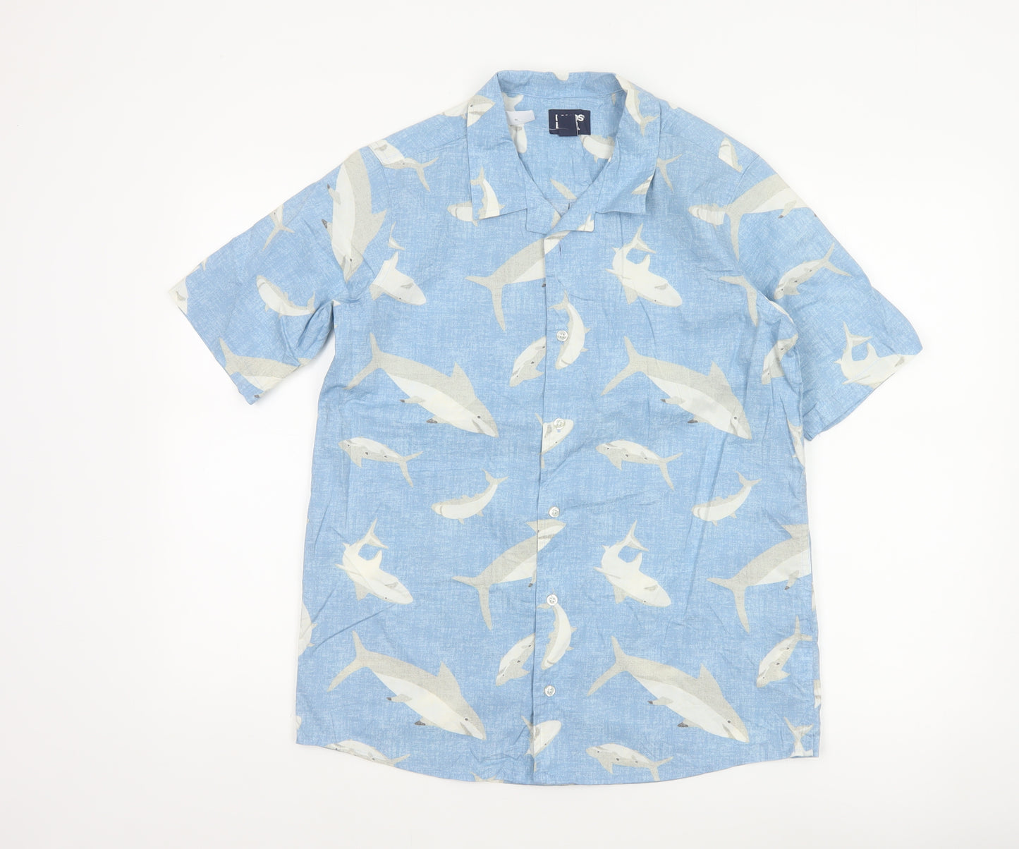 Lands' End Women's Blue Shark Print Button-Up Shirt UK 20 Short Sleeve